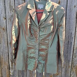 Women's Ruched Button-Up Jacket - Green